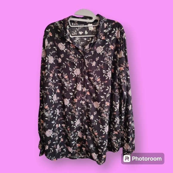 H&M Divided Black Floral Button-Down Shirt Size 14 - Picture 1 of 6